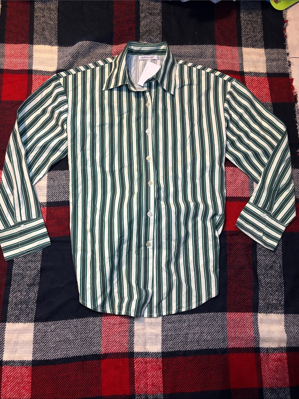 Stafford Green and White Vertical Stripe Button-Down Shirt